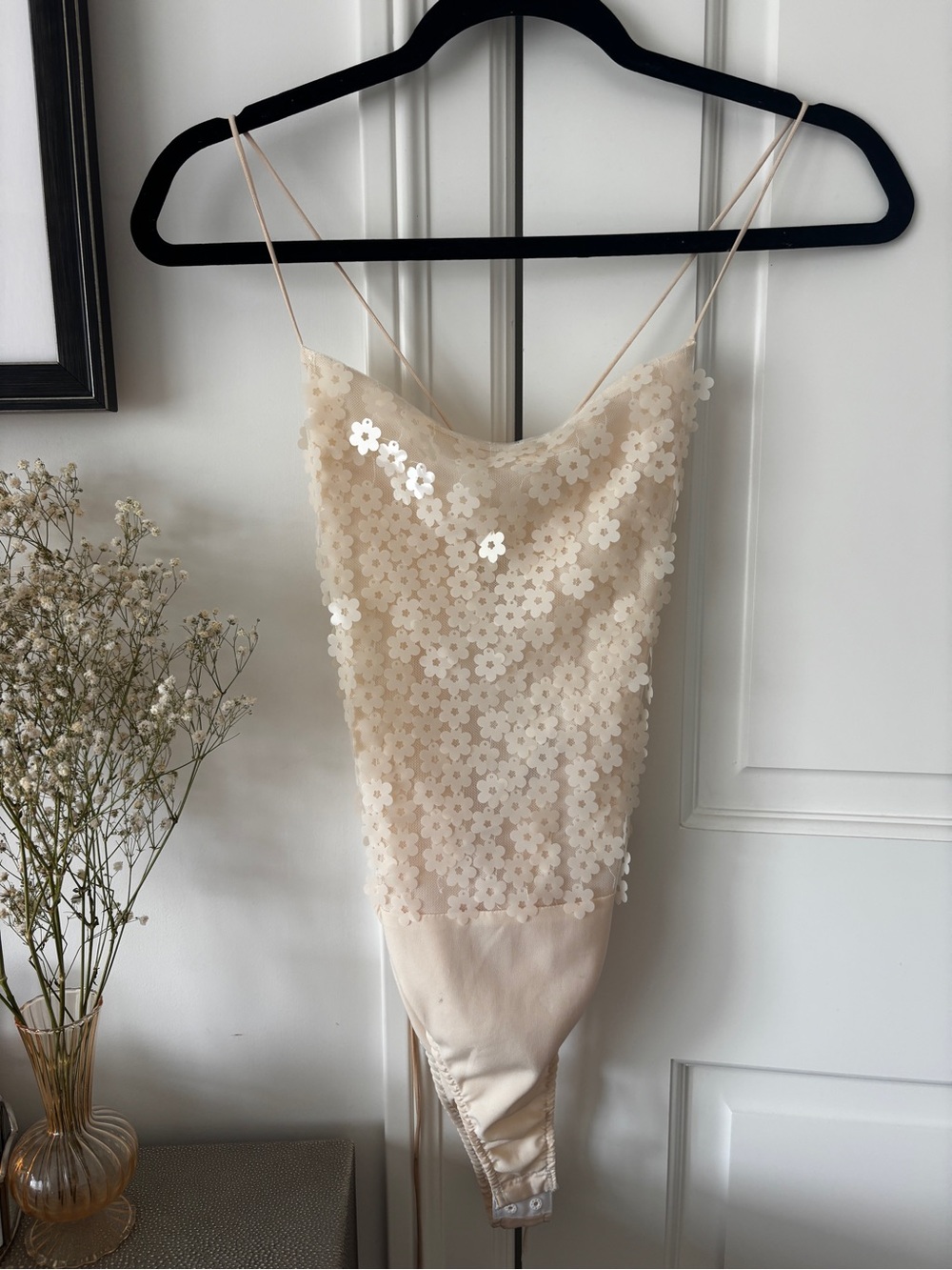 Zara Cream Floral Sequin Slip Bodysuit